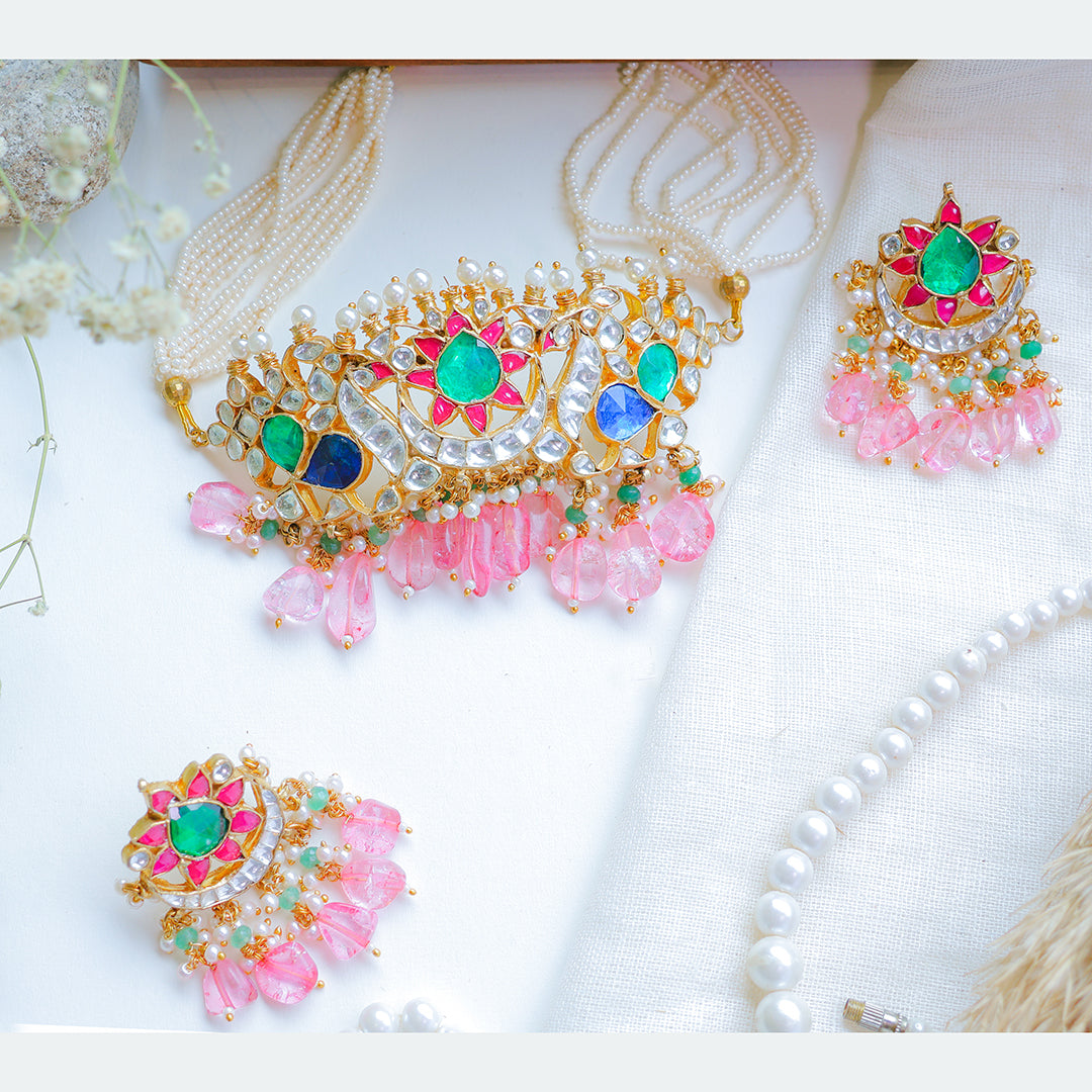 Multicolor Kundan Choker Necklace with Pink Beads – Bridal Pearl String Jewellery