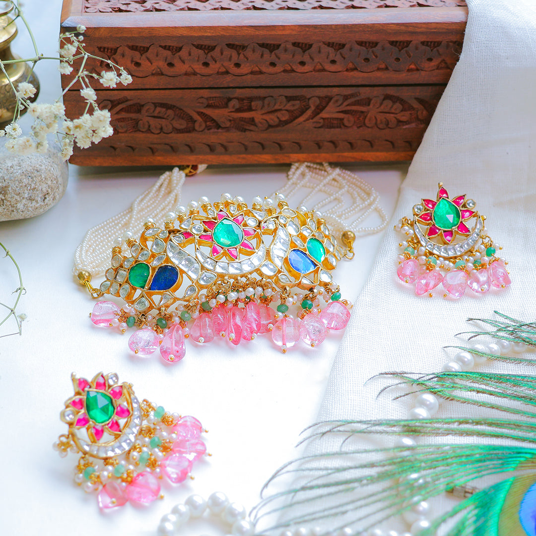 Multicolor Kundan Choker Necklace with Pink Beads – Bridal Pearl String Jewellery