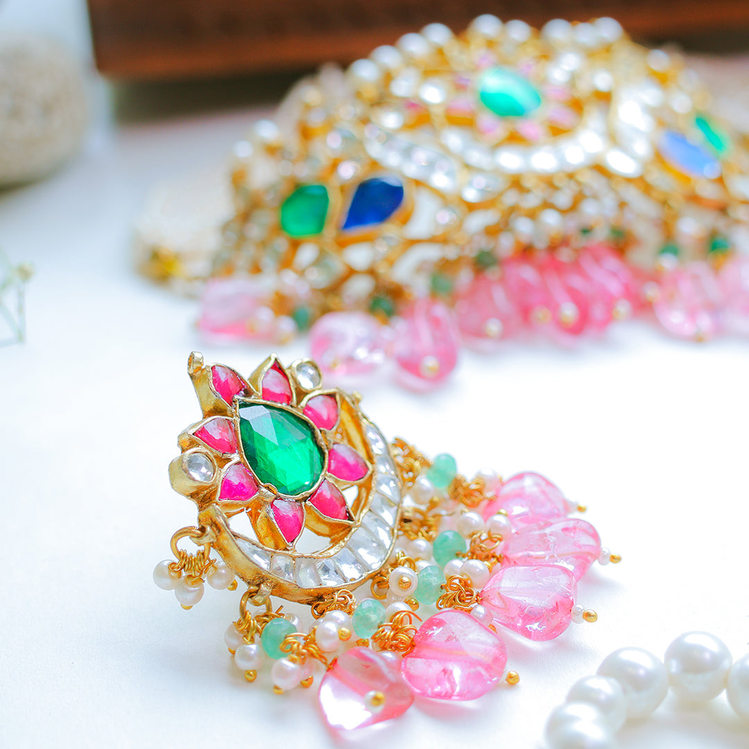 Multicolor Kundan Choker Necklace with Pink Beads – Bridal Pearl String Jewellery