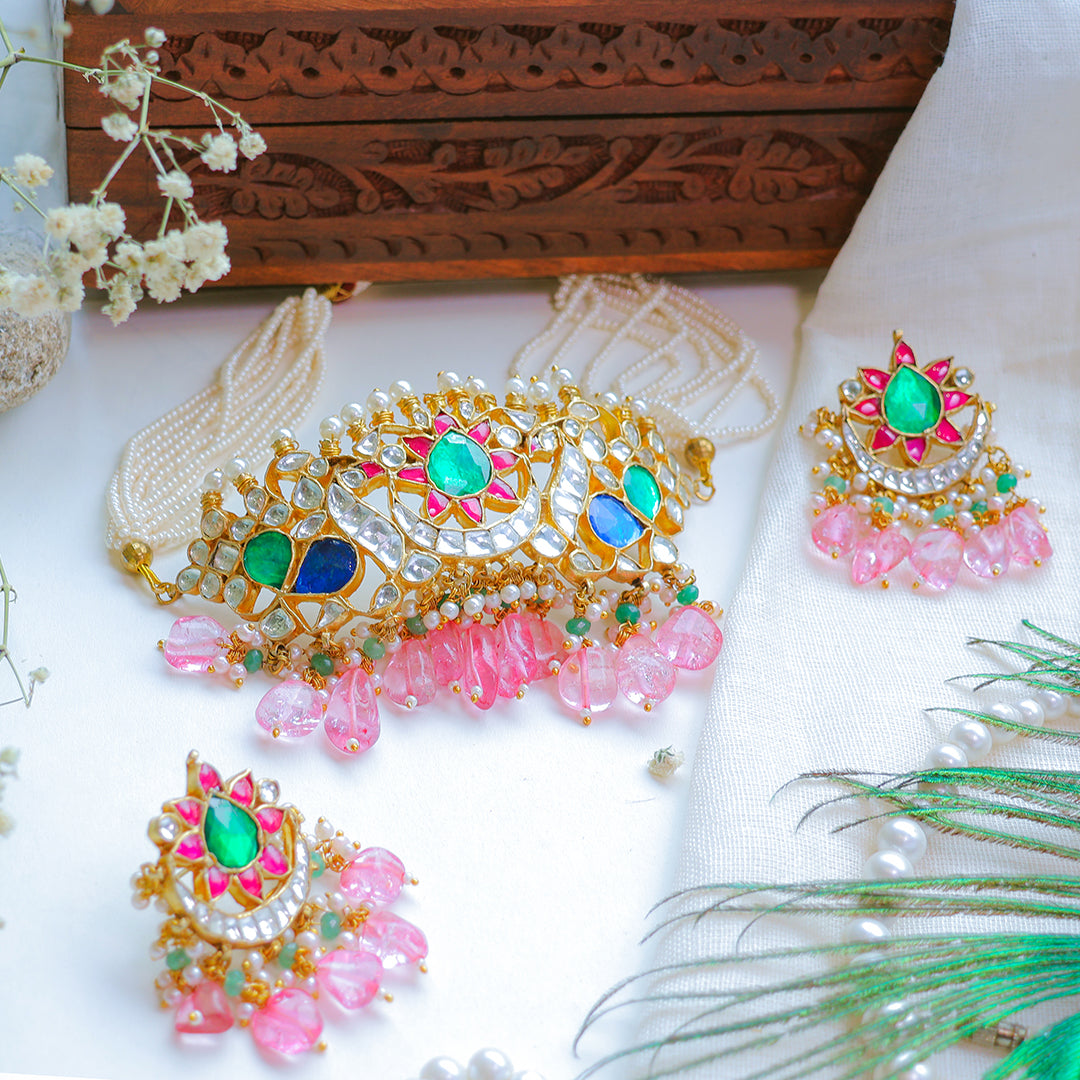 Multicolor Kundan Choker Necklace with Pink Beads – Bridal Pearl String Jewellery