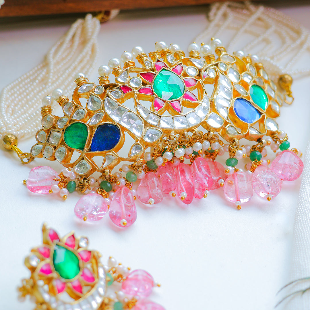 Multicolor Kundan Choker Necklace with Pink Beads – Bridal Pearl String Jewellery