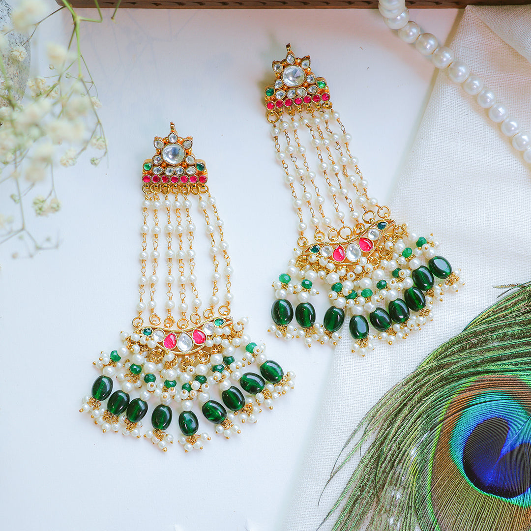 Royal Green Kundan Chandelier Earrings