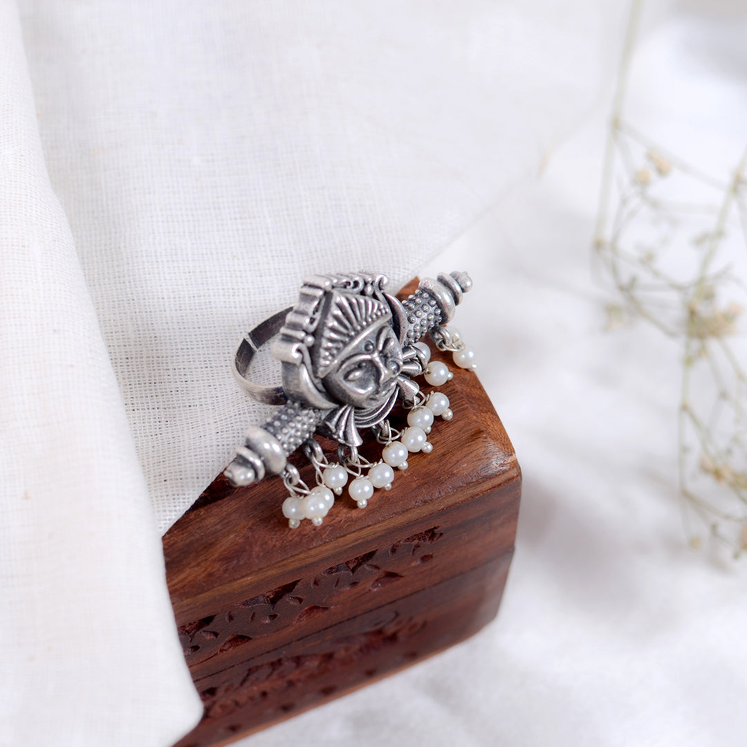 Oxidized Tribal Goddess Ring with Pearl Droplets – Statement Boho Jewellery