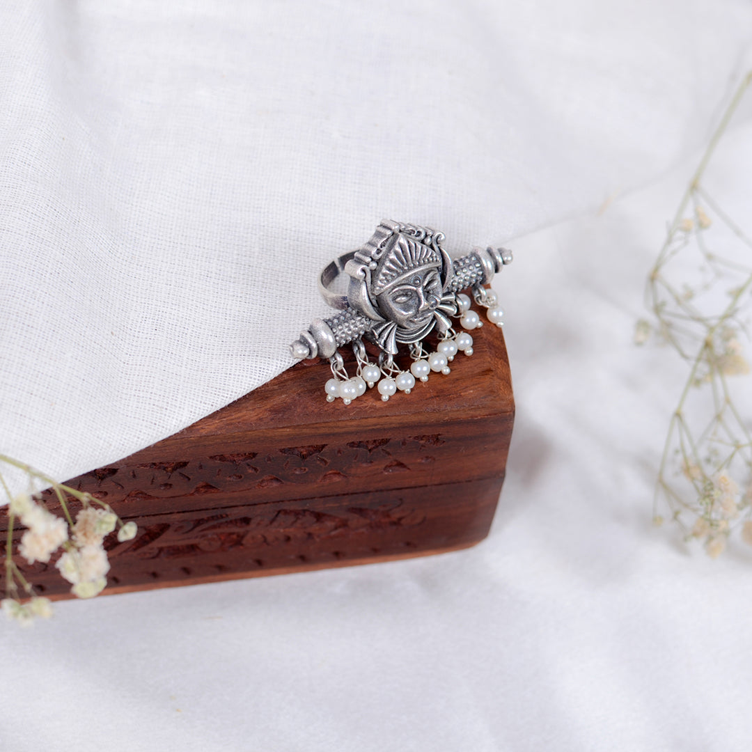 Oxidized Tribal Goddess Ring with Pearl Droplets – Statement Boho Jewellery