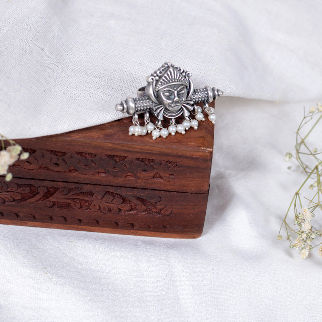 Oxidized Tribal Goddess Ring with Pearl Droplets – Statement Boho Jewellery