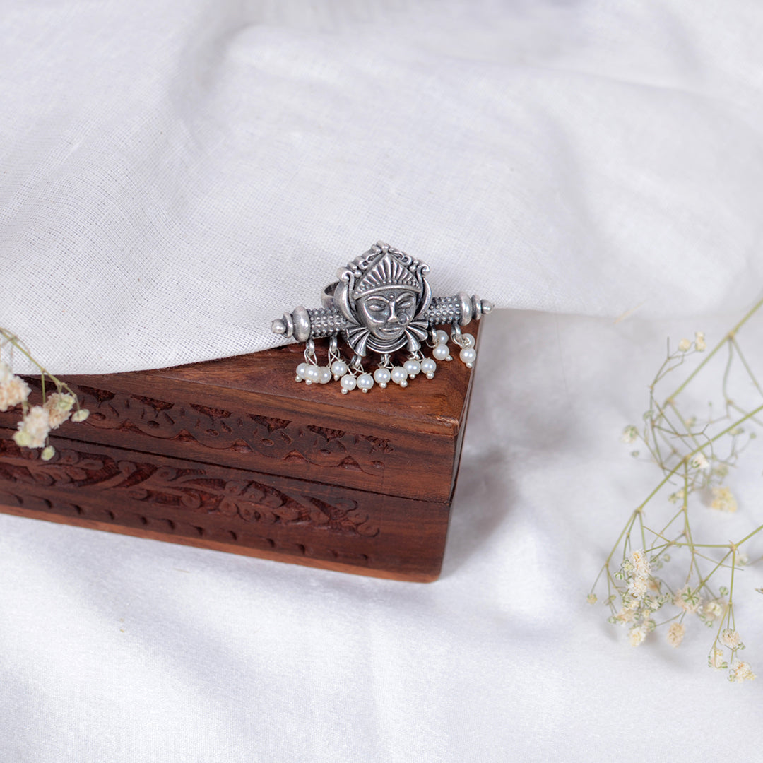 Oxidized Tribal Goddess Ring with Pearl Droplets – Statement Boho Jewellery