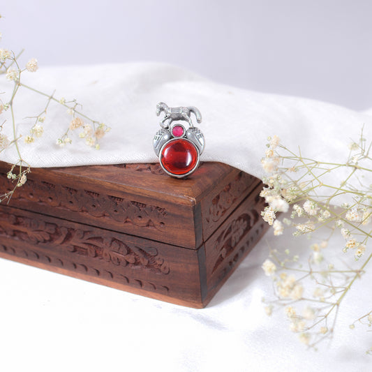 Oxidized Horse Motif Ring with Red Stone