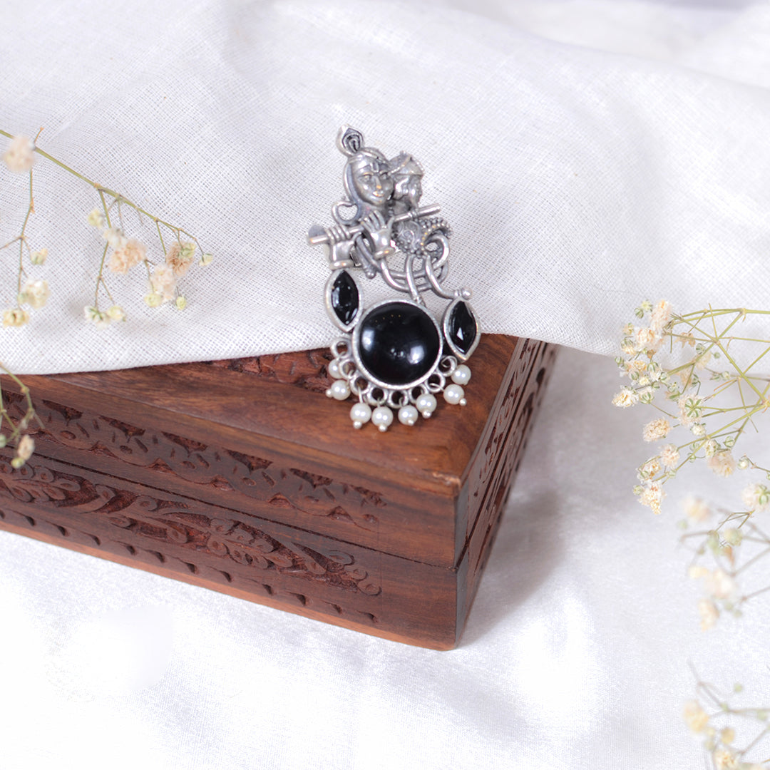 Lord Krishna Flute Design Oxidized Silver Adjustable Ring