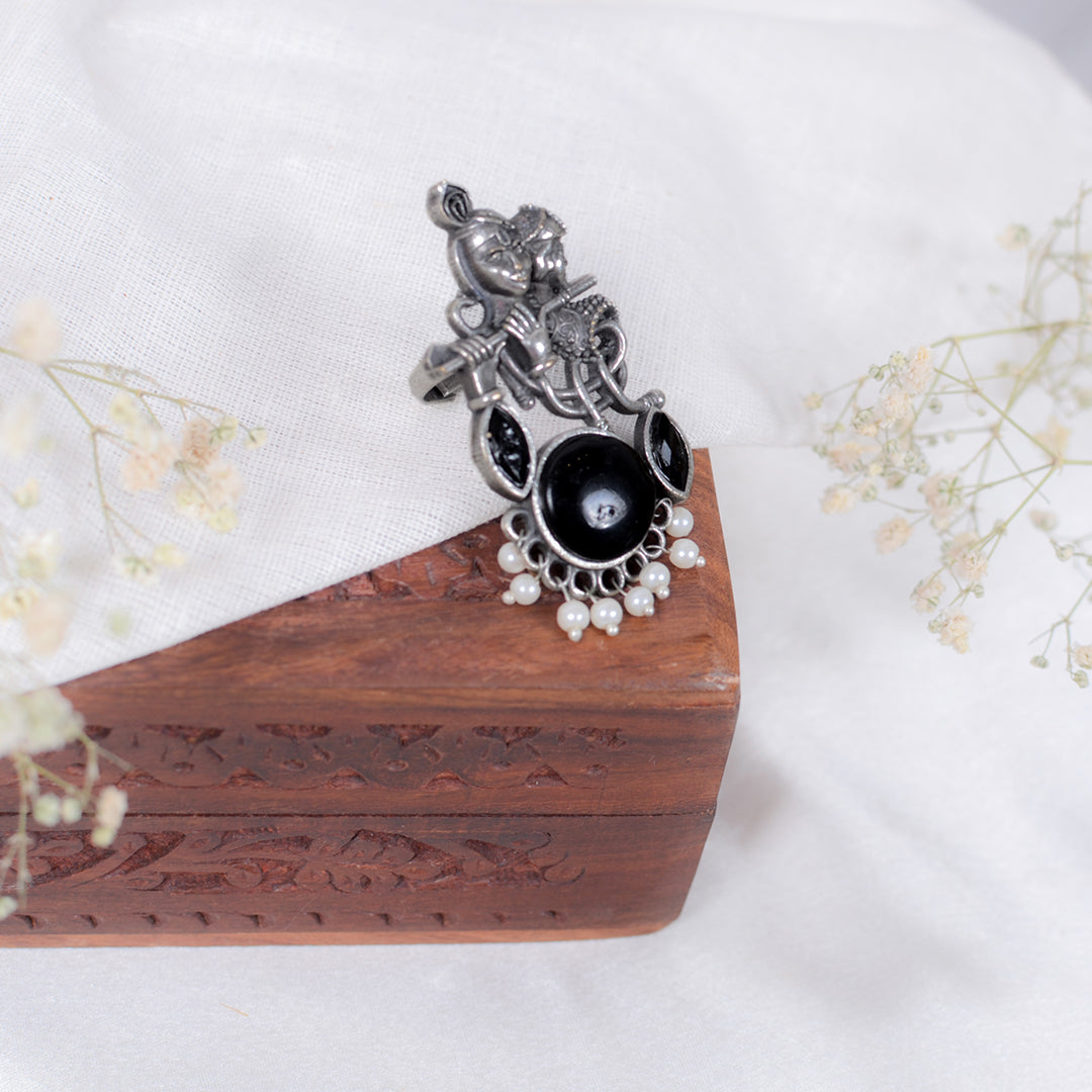 Lord Krishna Flute Design Oxidized Silver Adjustable Ring