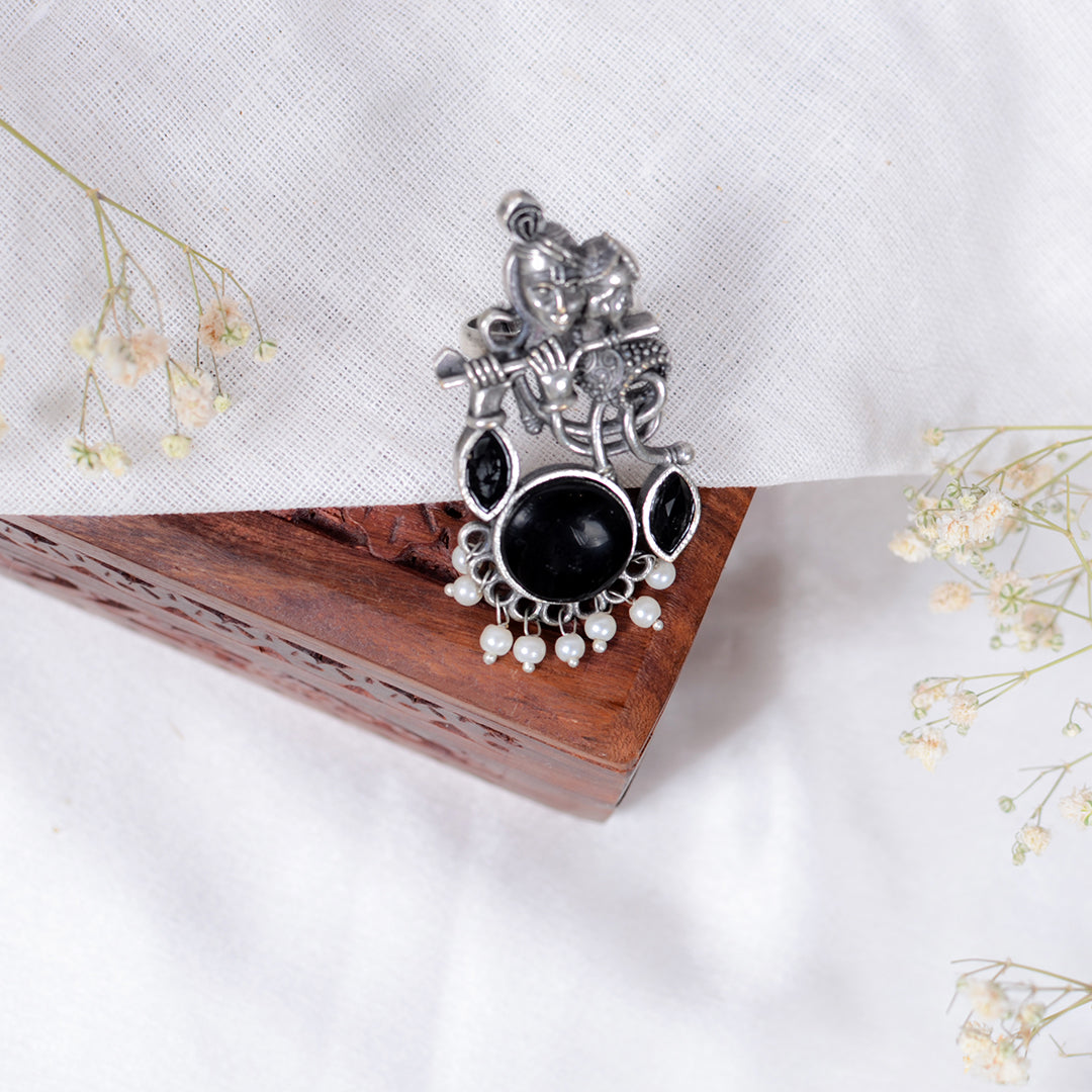 Lord Krishna Flute Design Oxidized Silver Adjustable Ring