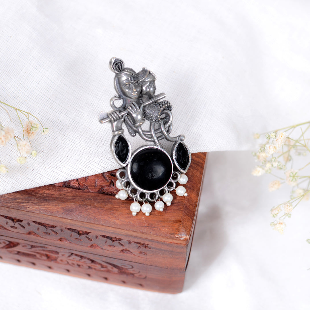 Lord Krishna Flute Design Oxidized Silver Adjustable Ring