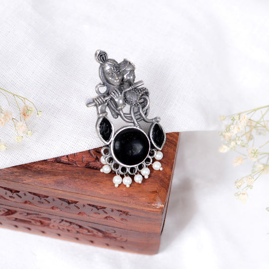 Lord Krishna Flute Design Oxidized Silver Adjustable Ring