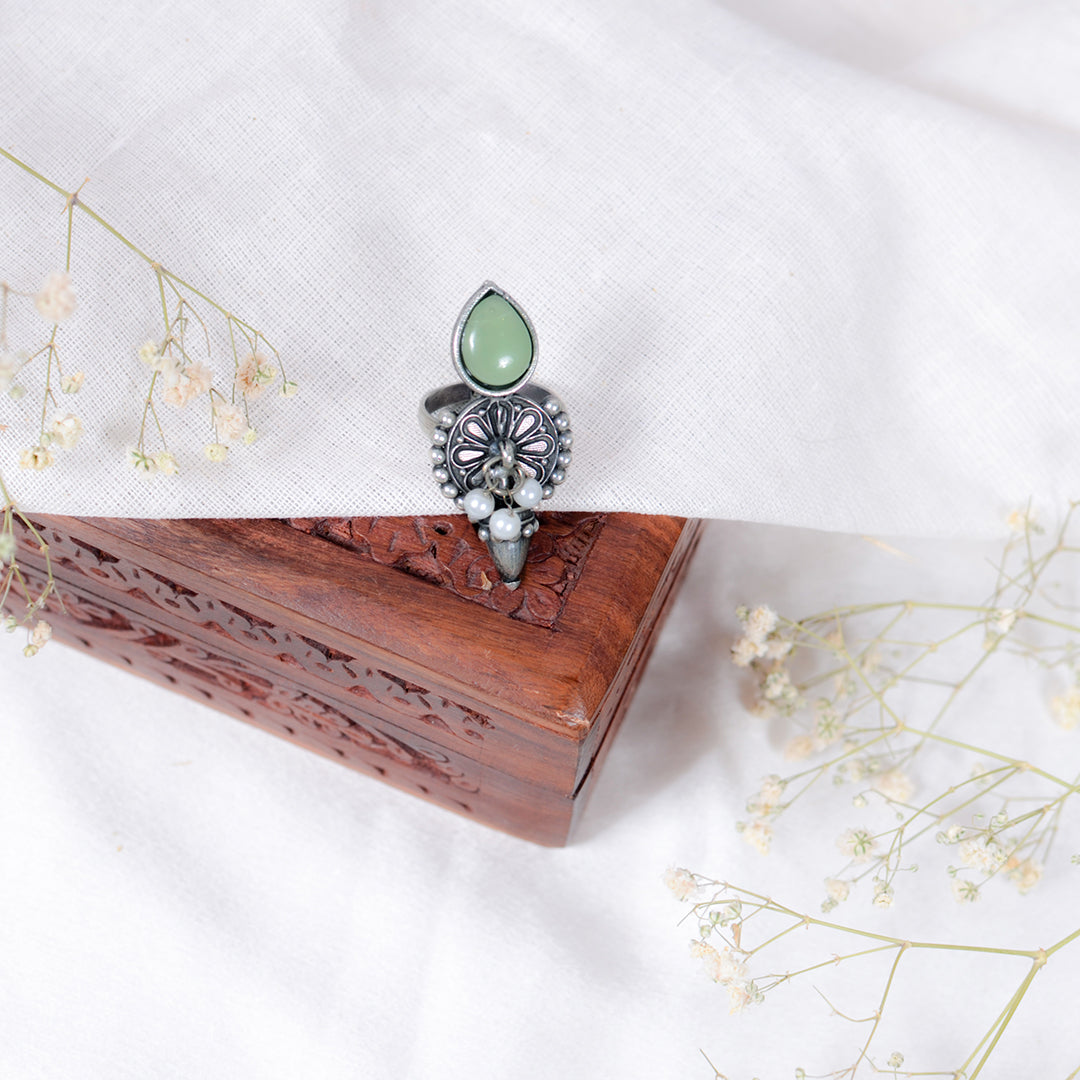 Oxidized Silver Floral Ring with Mint Green Stone