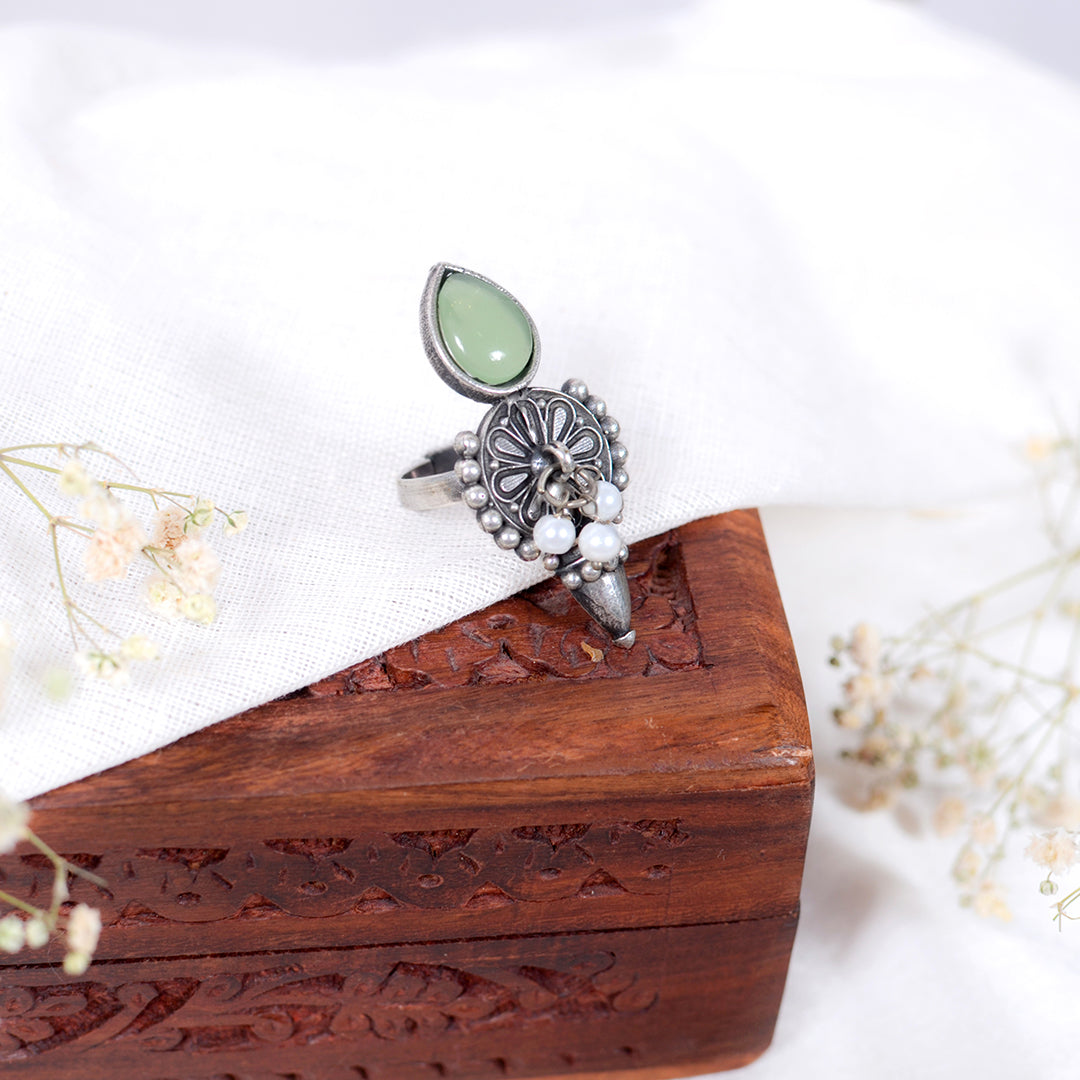 Oxidized Silver Floral Ring with Mint Green Stone