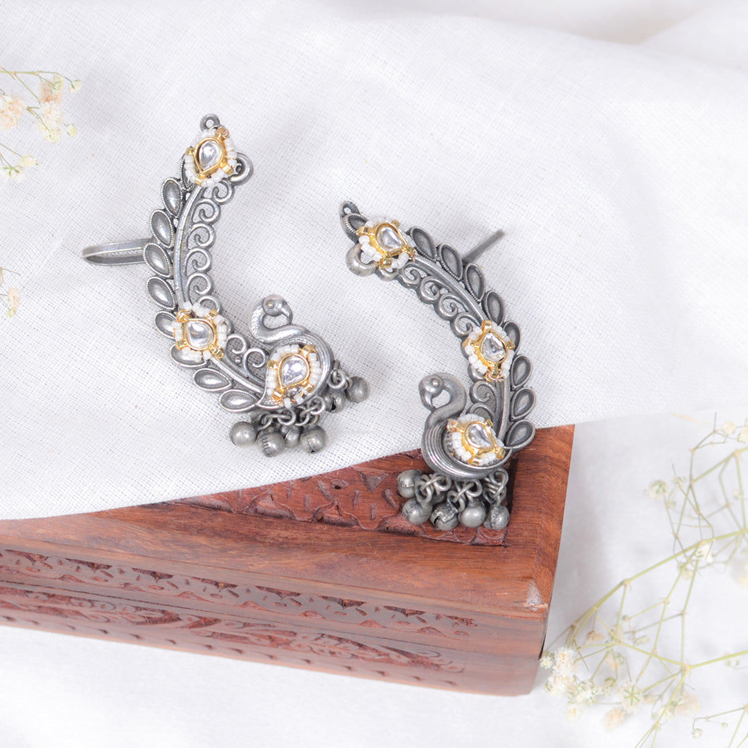 Oxidized Silver Peacock Ear Cuffs with Kundan Detailing