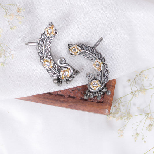 Oxidized Silver Peacock Ear Cuffs with Kundan Detailing
