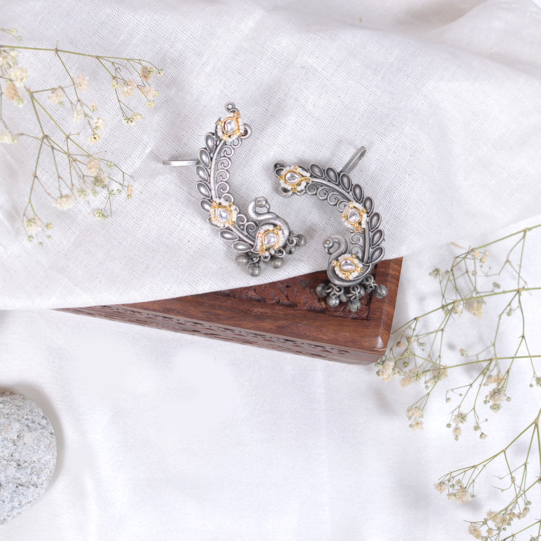 Oxidized Silver Peacock Ear Cuffs with Kundan Detailing