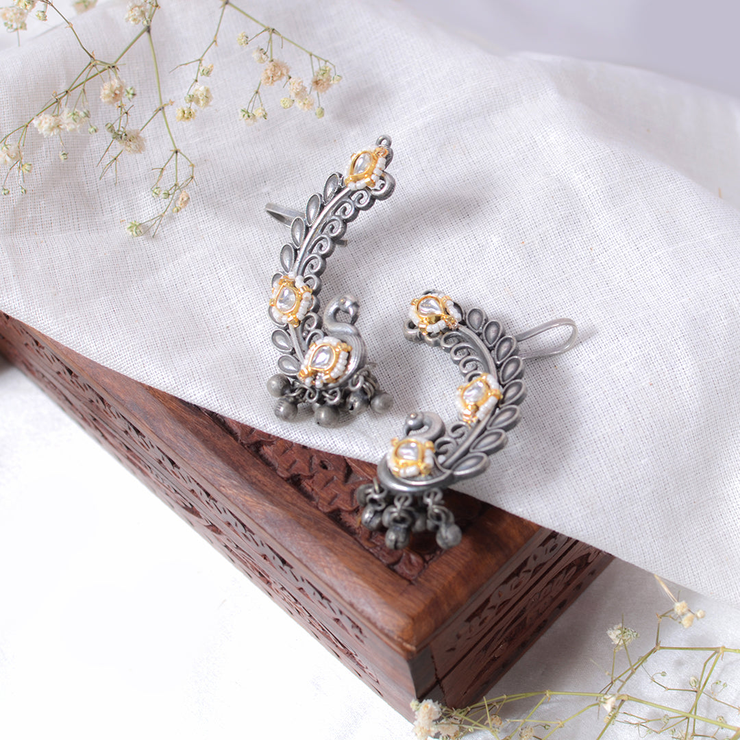 Oxidized Silver Peacock Ear Cuffs with Kundan Detailing