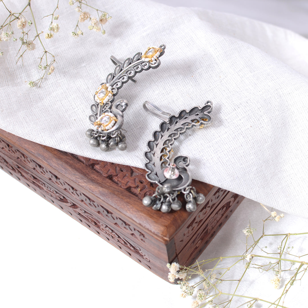 Oxidized Silver Peacock Ear Cuffs with Kundan Detailing