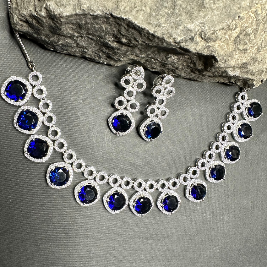 Classic Silver Tone Blue American Diamond Studded Set For Women