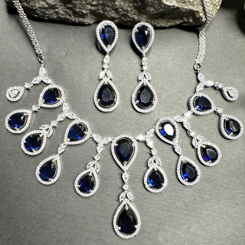 Sparkling Elegant Blue Teardrop Faux American Diamond Doublet Necklace