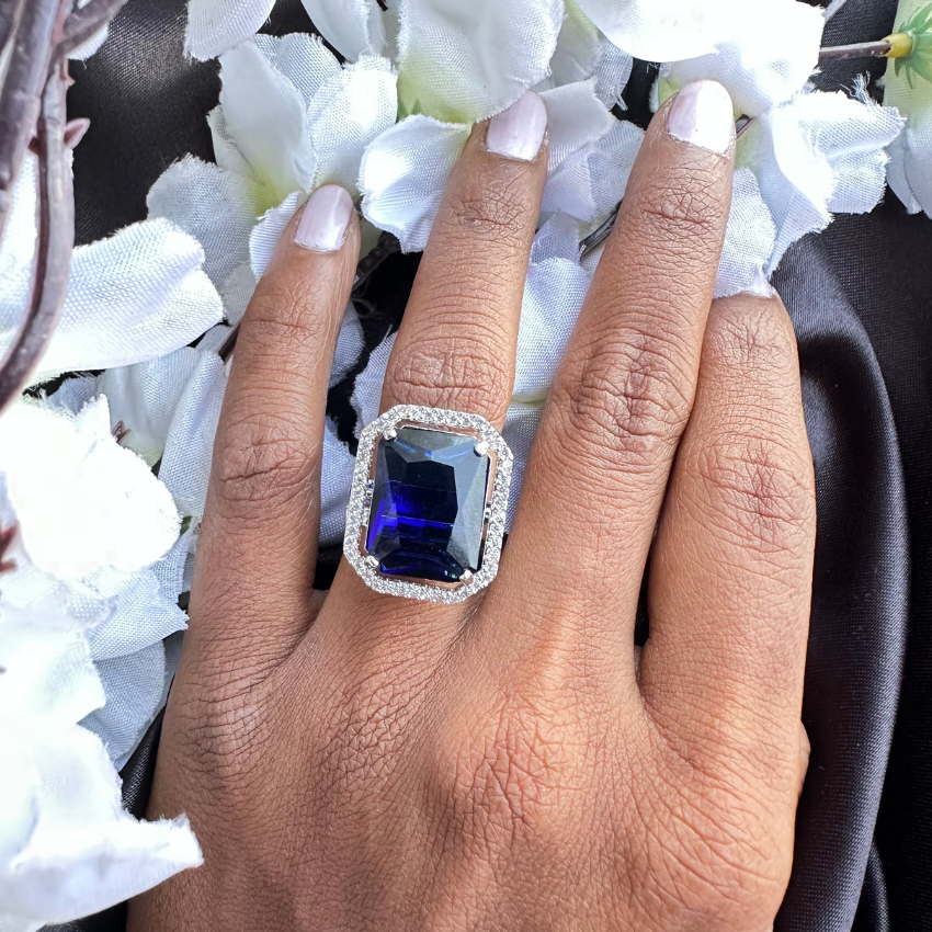 Sparkling Sapphire Blue Rectangle American Diamond Ring