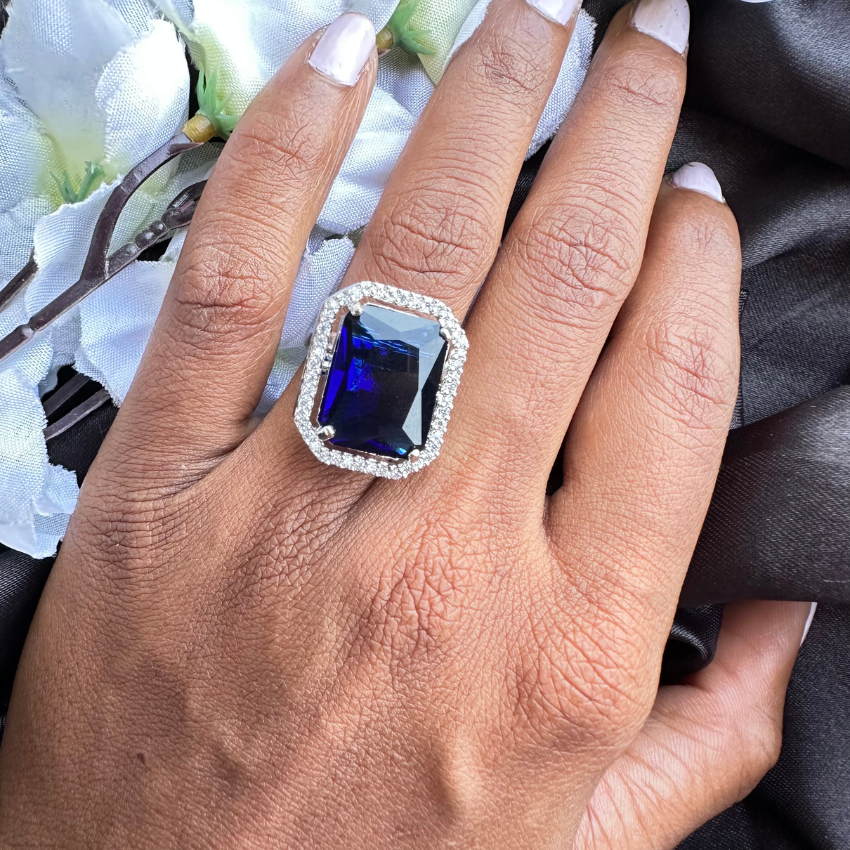 Sparkling Sapphire Blue Rectangle American Diamond Ring