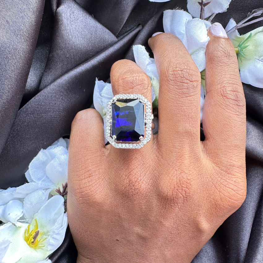 Sparkling Sapphire Blue Rectangle American Diamond Ring