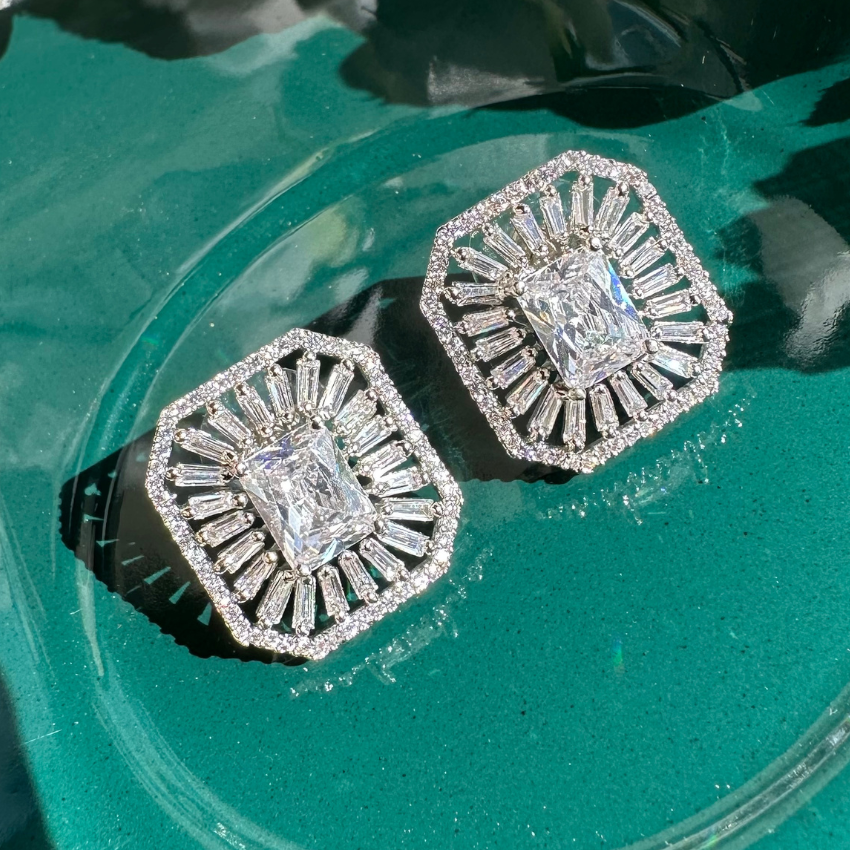 American Diamond Square Stud Earrings In White Polish