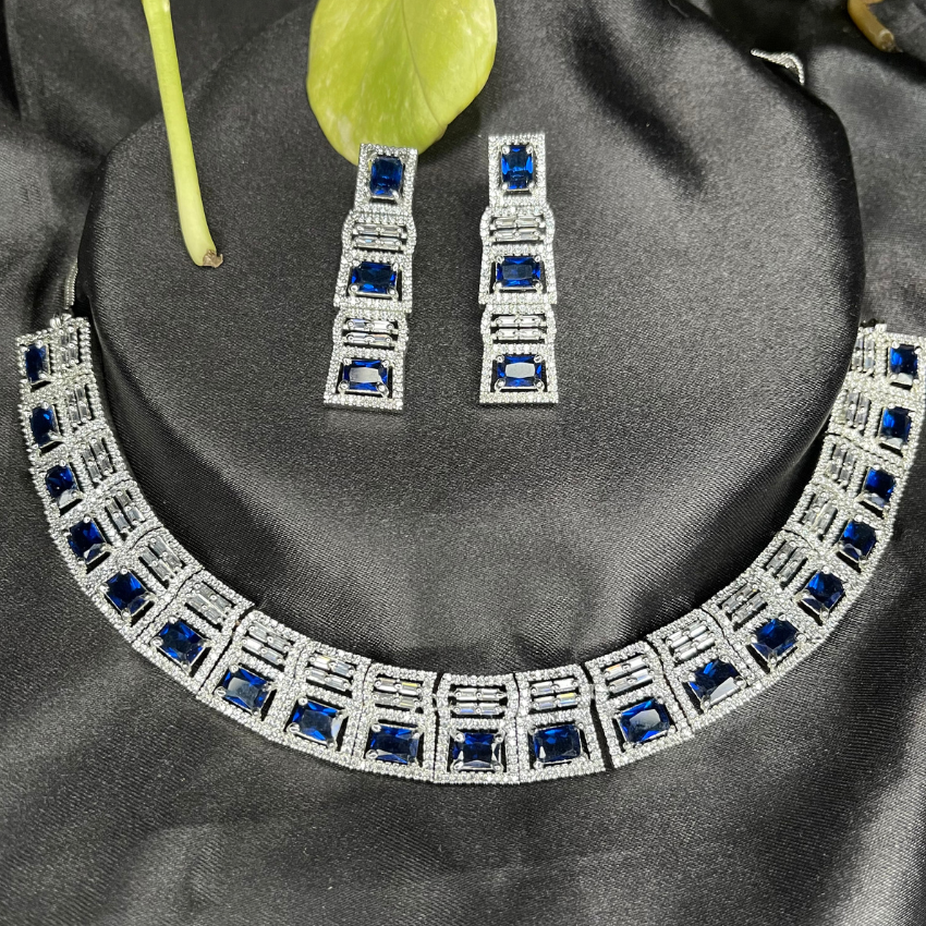 American Diamond Sapphire Blue CZ Studded Rhodium Plated Necklace