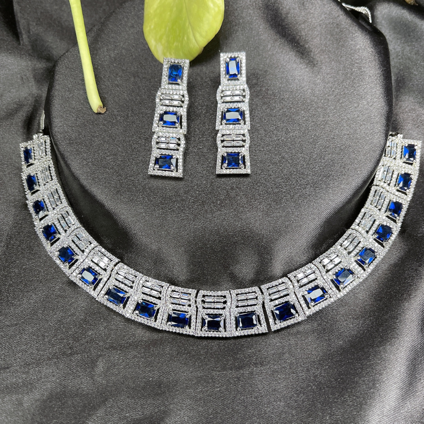 American Diamond Sapphire Blue CZ Studded Rhodium Plated Necklace