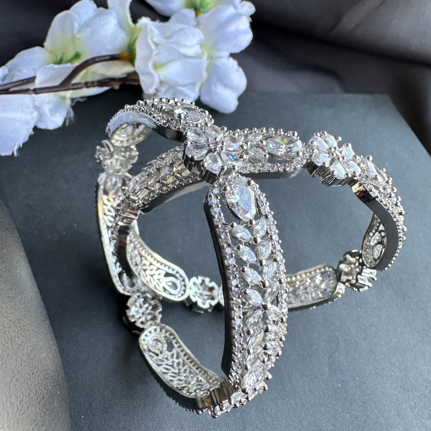 Sparkling Silver Plated American Diamond & Cubic Zirconia Bangle Kada
