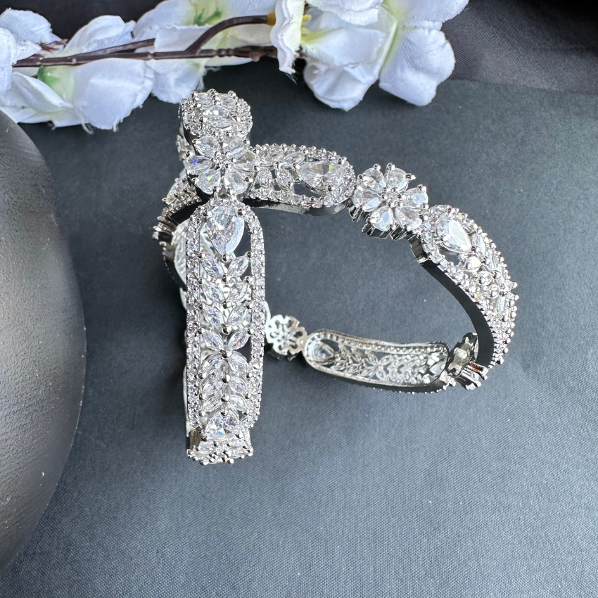 Sparkling Silver Plated American Diamond & Cubic Zirconia Bangle Kada