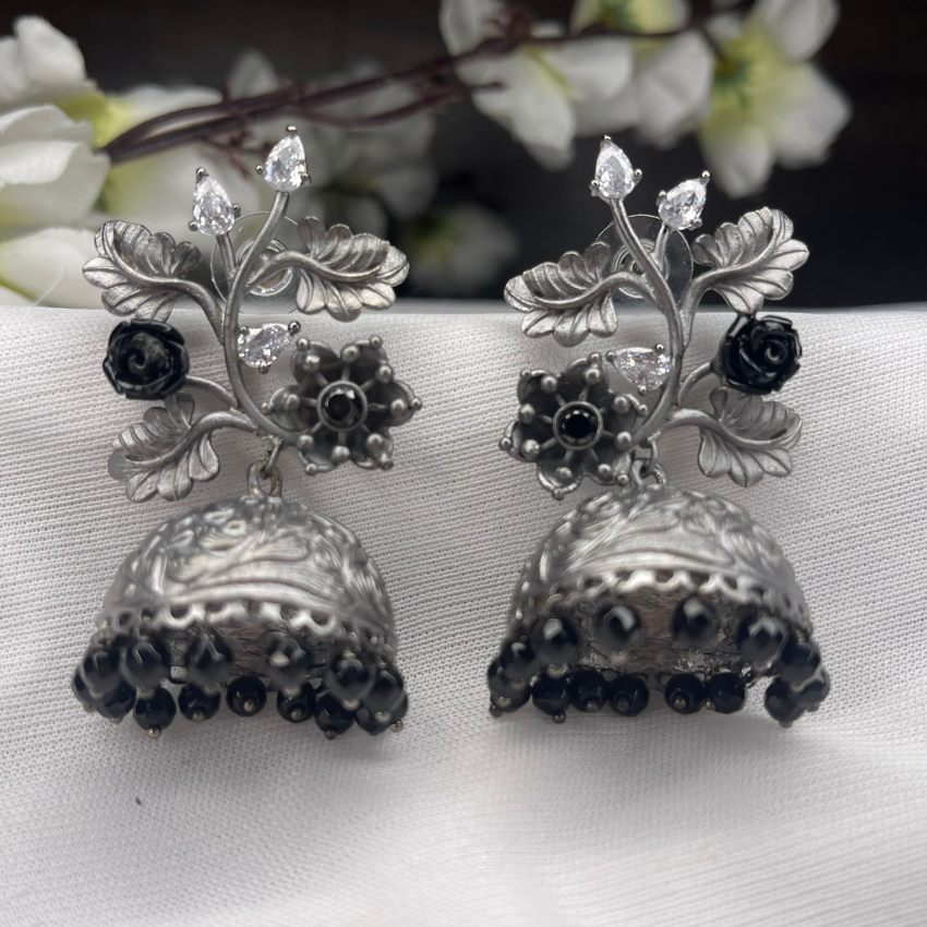 Leaf and Flower Contemporary Design Jhumkha- Black Polish