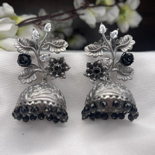 Leaf and Flower Contemporary Design Jhumkha- Black Polish