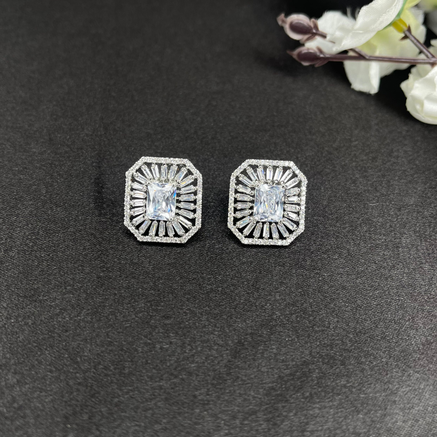 American Diamond Square Stud Earrings In White Polish