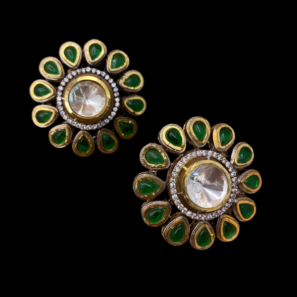 Kundan Polki Emerald Green Stud Earring