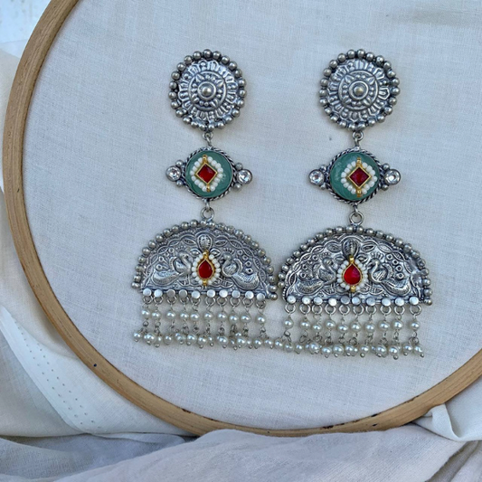 92.5 Silver Polish Sea Green Handmade Jhumka