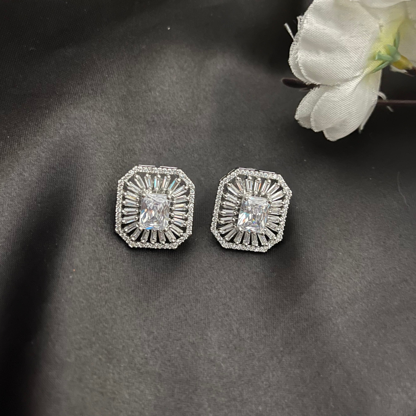 American Diamond Square Stud Earrings In White Polish