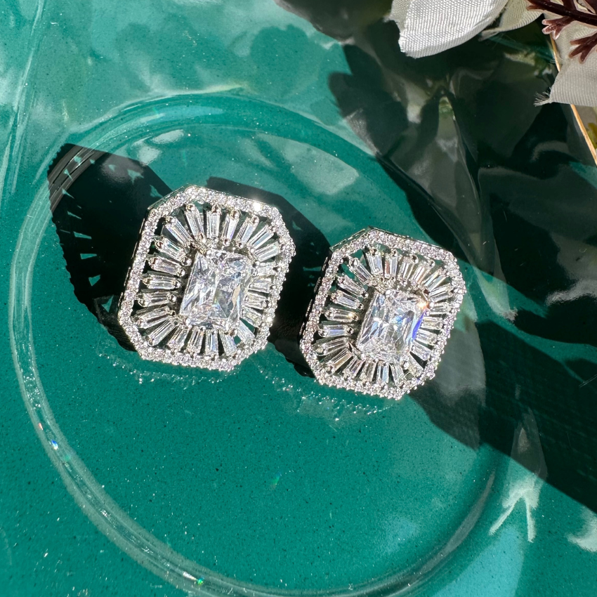 American Diamond Square Stud Earrings In White Polish