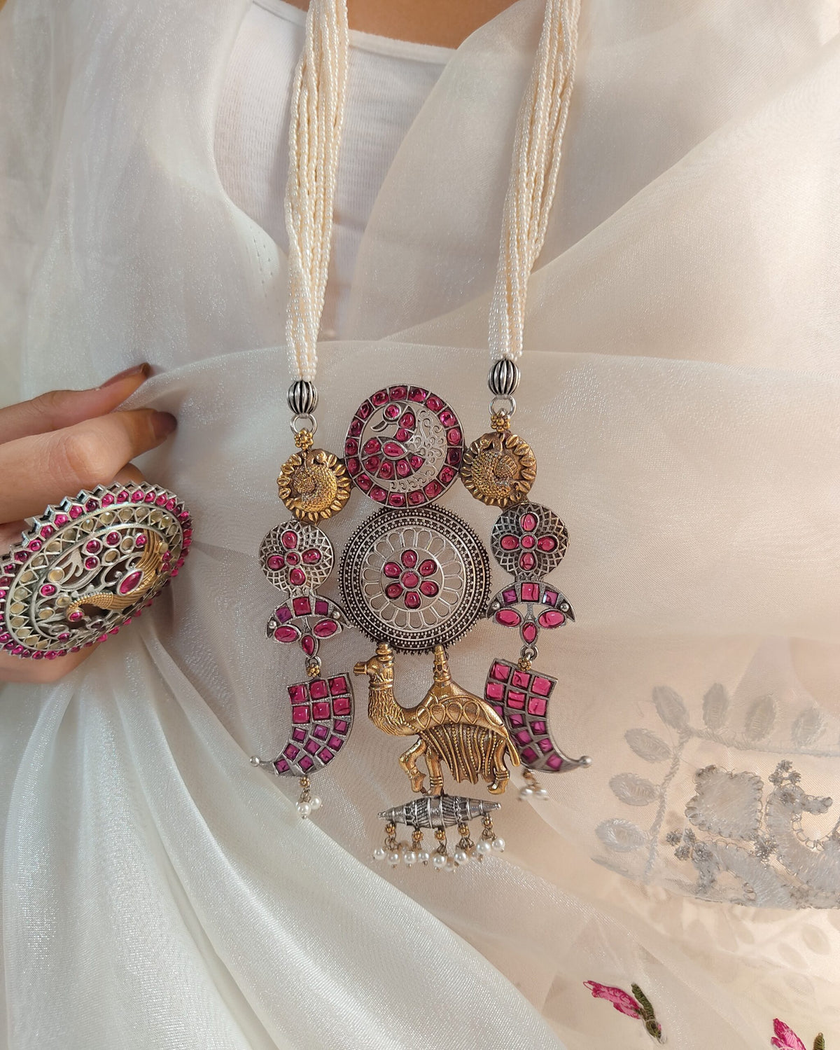 Statement Antique Dual Tone Silver Plated Long Pearl Necklace