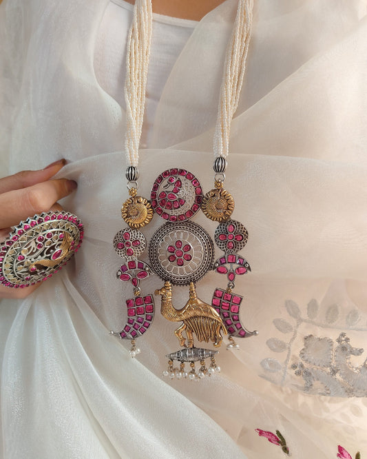 Statement Antique Dual Tone Silver Plated Long Pearl Necklace