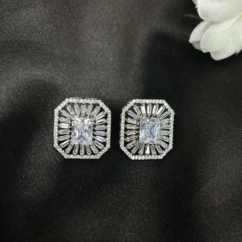 American Diamond Square Stud Earrings In White Polish