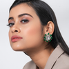 Silver Plated Green Color Stone Kundan Floral Earring
