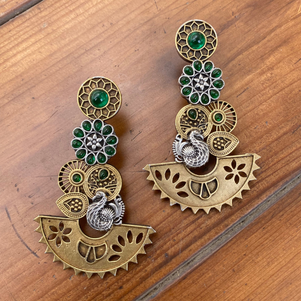 Dual Tone Silver & Gold Earrings with Intricate Design- Green