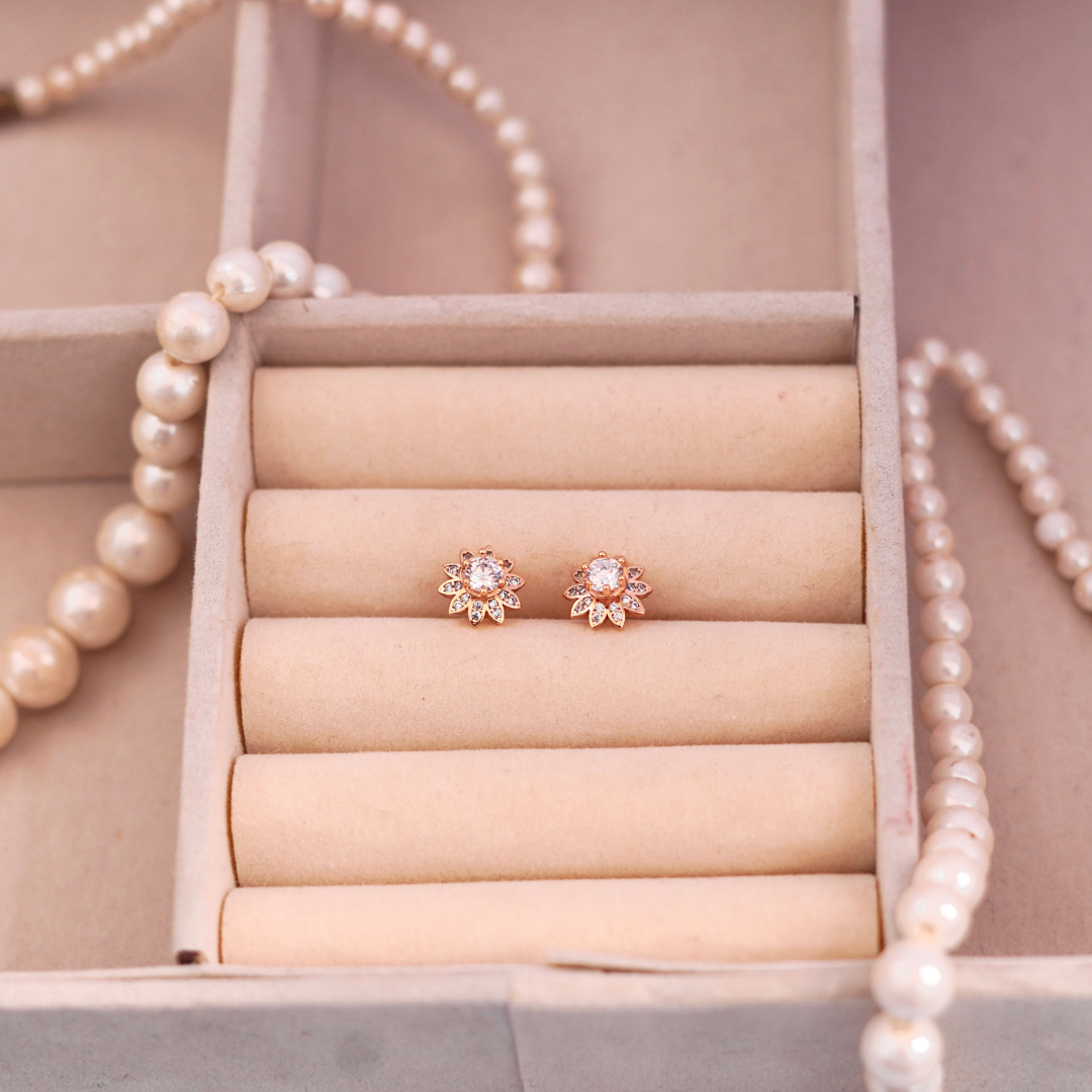 Rose Gold Sunburst Crystal Stud Earrings