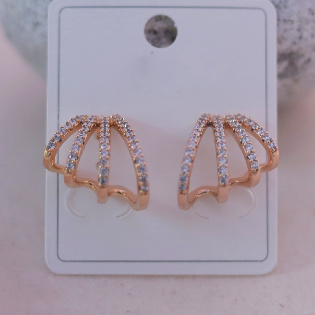 Rose Gold Triple-Band Pave Cubic Zirconia Ear Climber Earrings