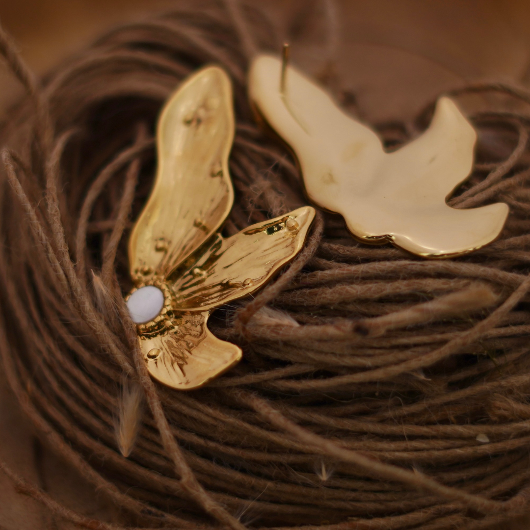 Abstract Gold Butterfly & Opal Wing Stud Earrings