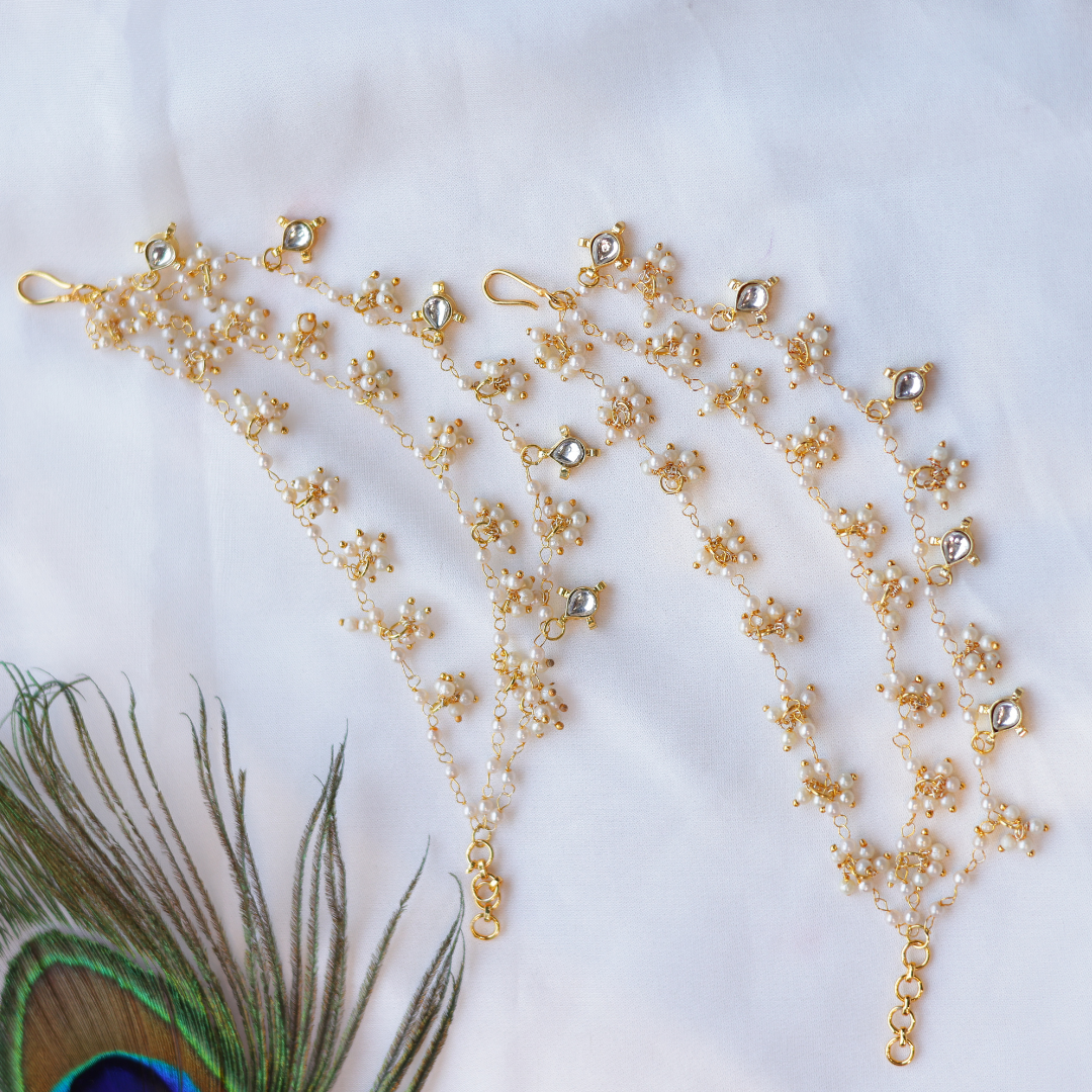 Handcrafted Triple-Layered Pearl & Kundan Ear Chain