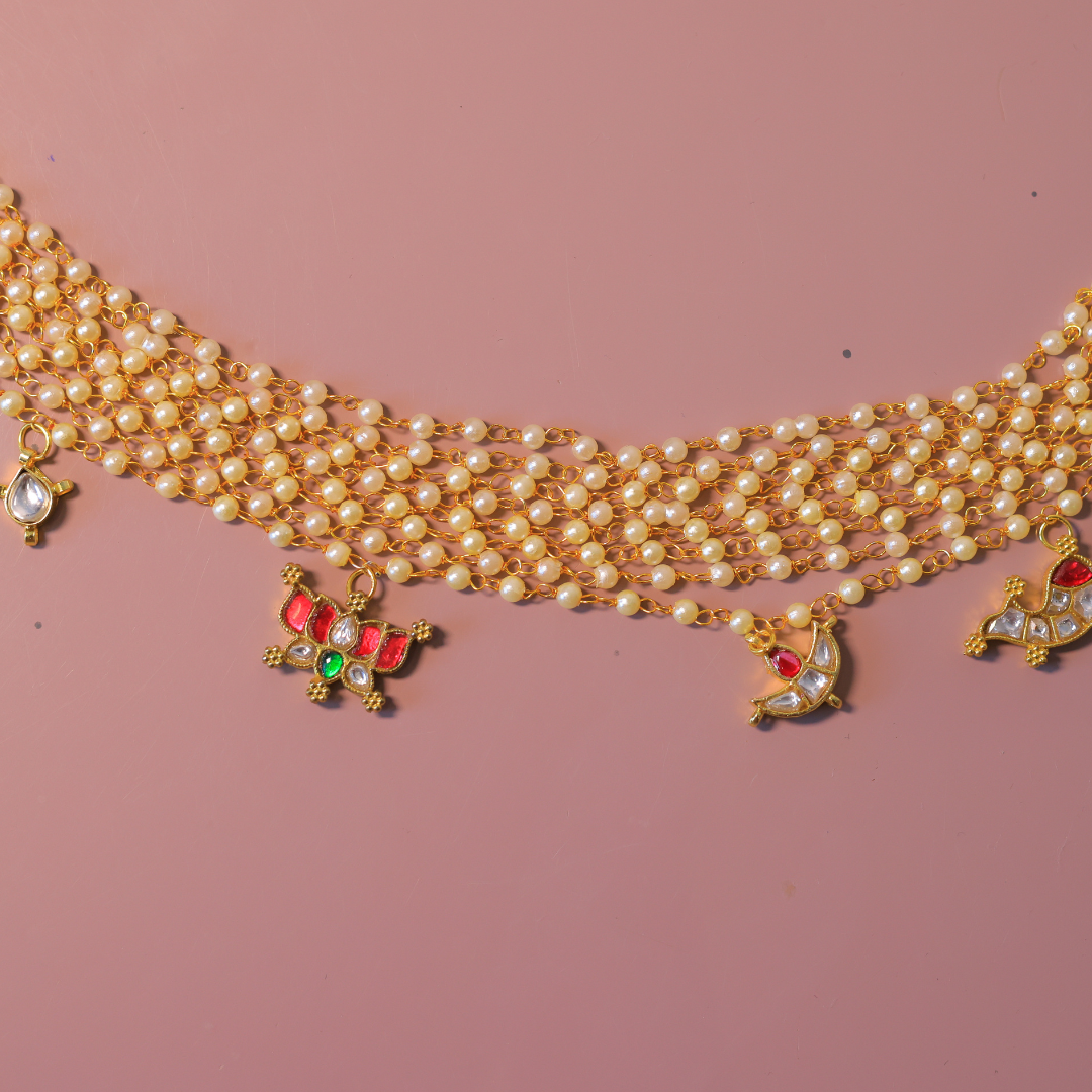 Handcrafted 5-Layer Pearl Choker Necklace with Kundan Charms